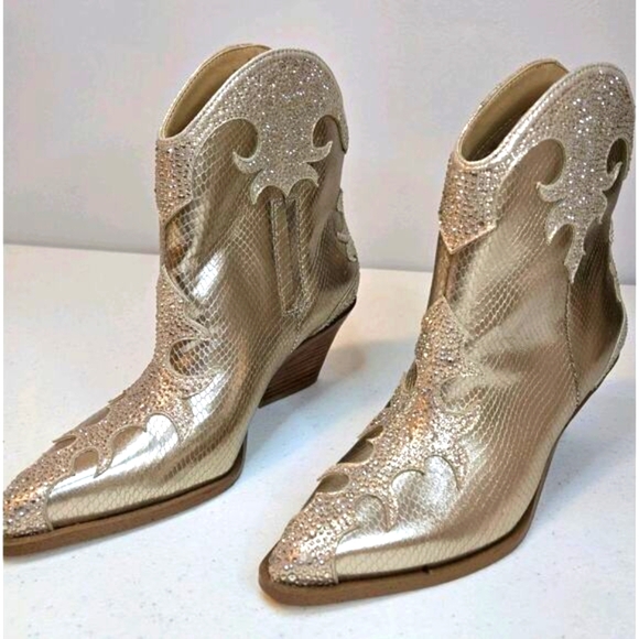NEW Ankle Boots Jessica Simpson Champagne Embellished GLITTR Western Women Sz 6M - Picture 1 of 10